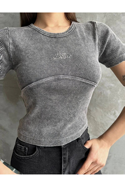 ZENGEZUR MALL Drnds Embroidered Acid Washed Blouse Anthracite (05814) (Size: Standard)