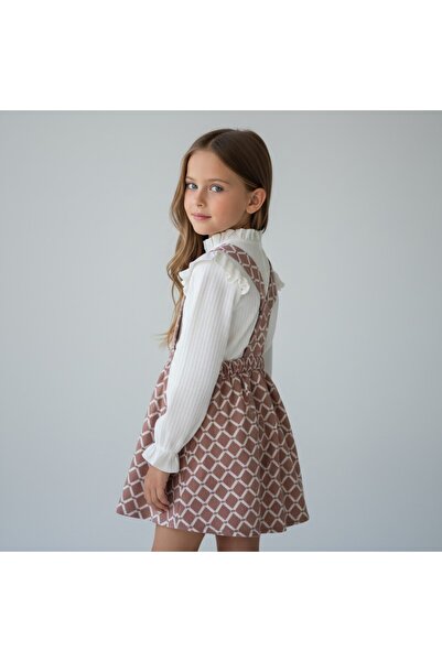 FESSHERA KİDS Girls' Geometric Patterned Suspender Salopet Gilet and Ruffle Detailed Long Sleeved Corded Fabric Blouse 2-Piece Set