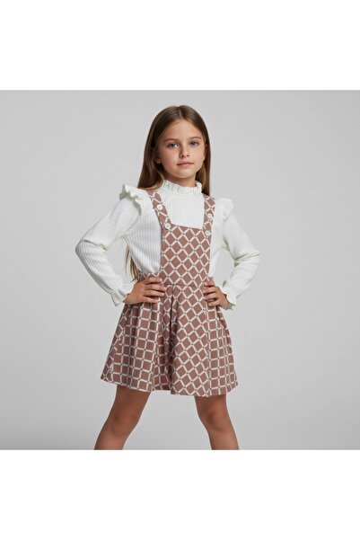 FESSHERA KİDS Girls' Geometric Patterned Suspender Salopet Gilet and Ruffle Detailed Long Sleeved Corded Fabric Blouse 2-Piece Set