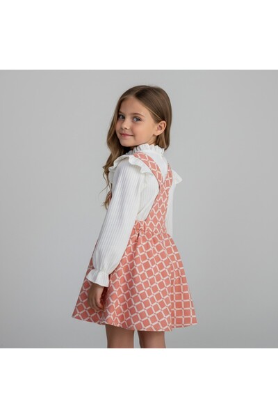 FESSHERA KİDS Girls' Geometric Patterned Suspender Salopet Gilet and Ruffle Detailed Long Sleeved Corded Fabric Blouse 2-Piece Set