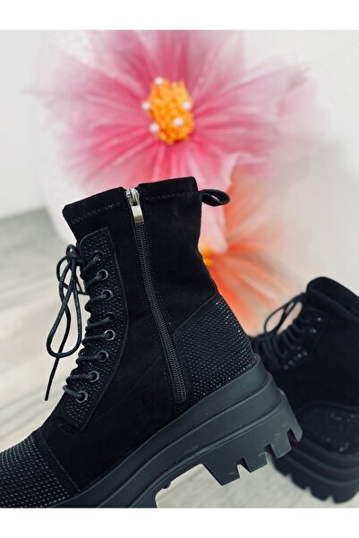 KATYDEA STORE Black crystal embossed Terry boots