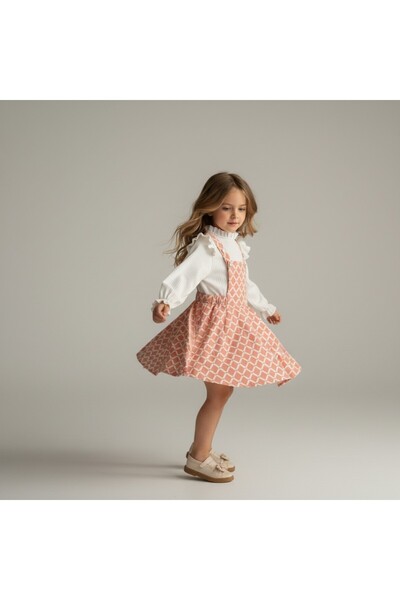 FESSHERA KİDS Girls' Geometric Patterned Suspender Salopet Gilet and Ruffle Detailed Long Sleeved Corded Fabric Blouse 2-Piece Set