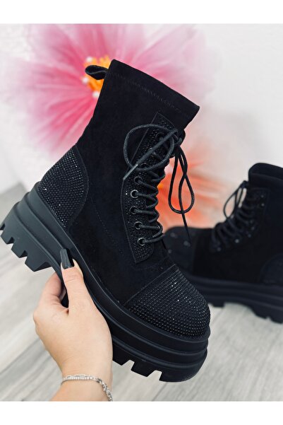 KATYDEA STORE Black crystal embossed Terry boots