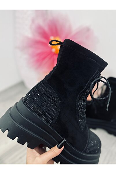 KATYDEA STORE Black crystal embossed Terry boots