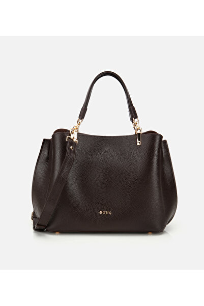 Hotiç Kadın Deri Kahverengi Fermuarlı Omuz Çantası