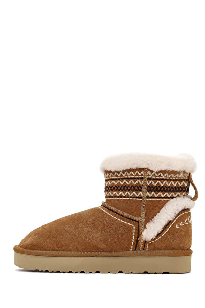 Derimod Women's Camel Patterned Fur Detailed Suede Leather Teddy Boots 25Wfd492710