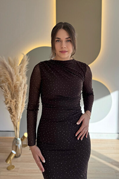 Aventien Draped Stone Tulle Black Midi Dress