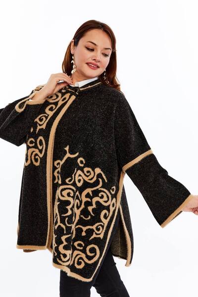 Laden Knitwear Women's Plus Size Thick Hooded Patterned Poncho Winter Oversized Mom Cardigan