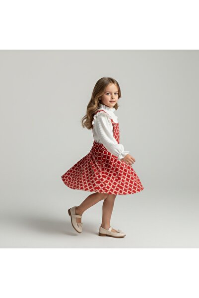 FESSHERA KİDS Girls' Geometric Patterned Suspender Salopet Gilet and Ruffle Detailed Long Sleeved Corded Fabric Blouse 2-Piece Set