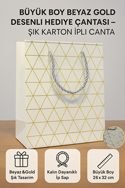 Tamsena Store Büyük Boy Beyaz Gold Desenli Hediye Çantası – Şık Karton İpli Ç...