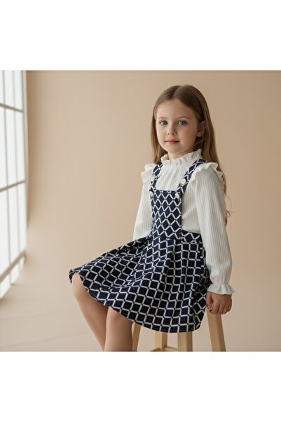 FESSHERA KİDS Girls' Geometric Patterned Suspender Salopet Gilet and Ruffle Detailed Long Sleeved Corded Fabric Blouse 2-Piece Set