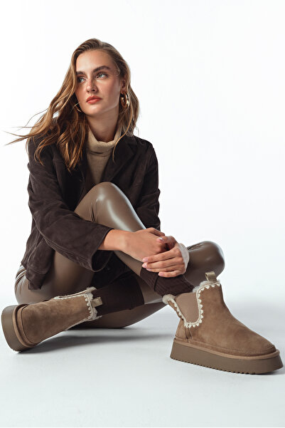 Derimod Kadın Vizon Kalın Tabanlı Desenli Süet Deri Teddy Bot 25WFD492610