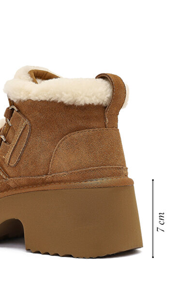Derimod Women's Camel Lace-Up Thick Sole Shearling Suede Leather Teddy Boots 25Wfd492110