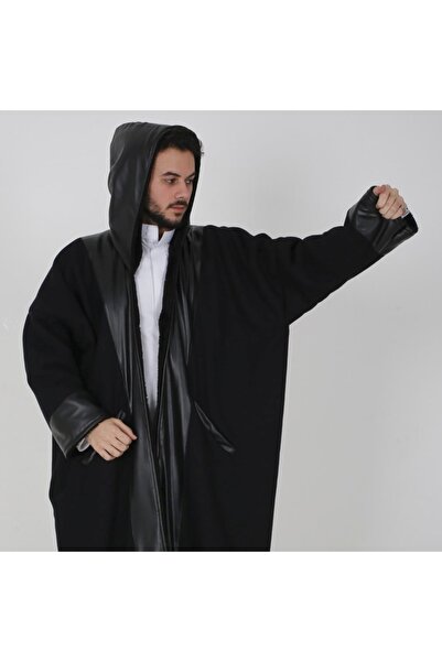 Generic Men's black wool fur coat with a classic black leather design