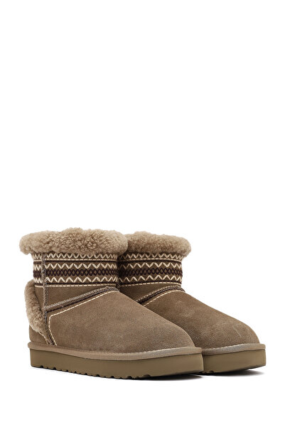 Derimod Women's Beige Patterned Fur Detailed Suede Leather Teddy Boots 25Wfd492710