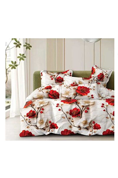 Lenjeria Familiei Tale 4-Piece Satin Cotton Double Bed Linen Set – Red & Cream Floral Pattern, Elegant