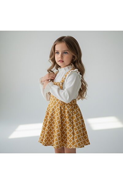 FESSHERA KİDS Girls' Geometric Patterned Suspender Salopet Gilet and Ruffle Detailed Long Sleeved Corded Fabric Blouse 2-Piece Set