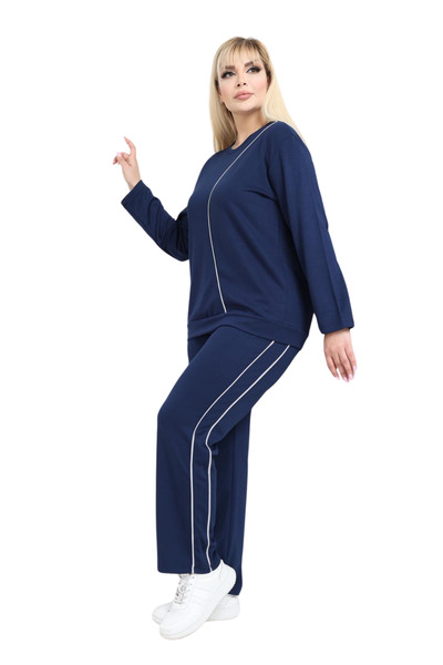 MELSAY Women's Plus Size Navy Blue White Stripe Detailed Modal Tracksuit Set