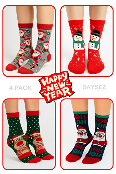 SAYSEZ Unisex Christmas Patterned 4-Pack Colorful Socks Christmas Happy New Year