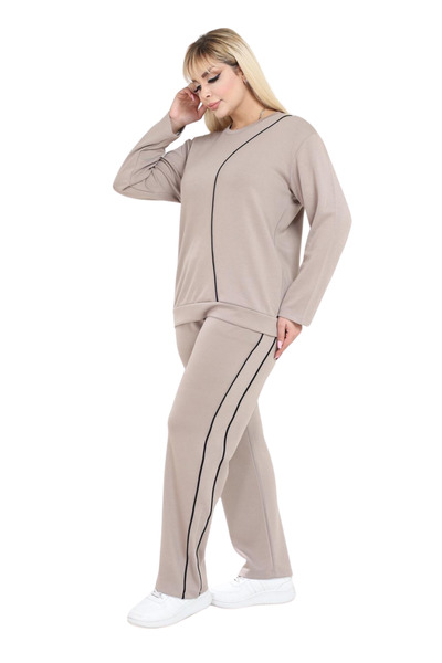 MELSAY Women's Plus Size Ecru Navy Blue Stripe Detailed Modal Tracksuit Set