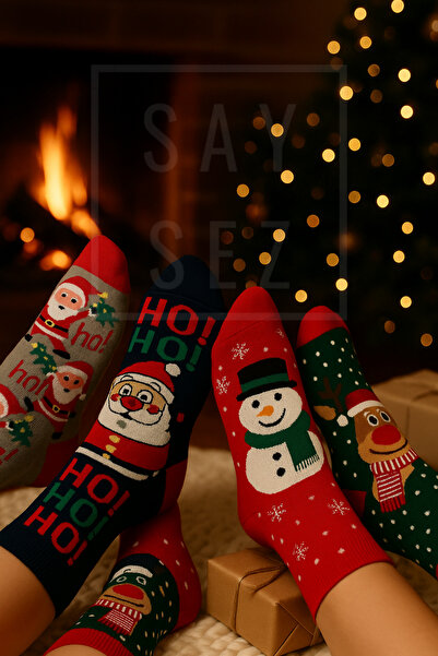 SAYSEZ Unisex Christmas Patterned 4-Pack Colorful Socks Christmas Happy New Year