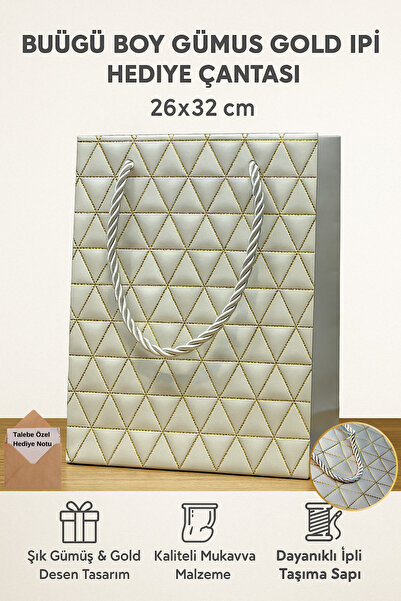 Tamsena Store Büyük Boy Gümüş Gold Desenli İpli Hediye Çantası 26×32 cm