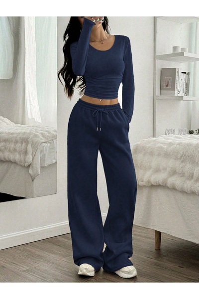 peelter Women's Navy Blue Wide Leg Winter 2 Thread Count Fleece-Lined Thick Fleece Lined Combed Cotton Fabric Sweatpants