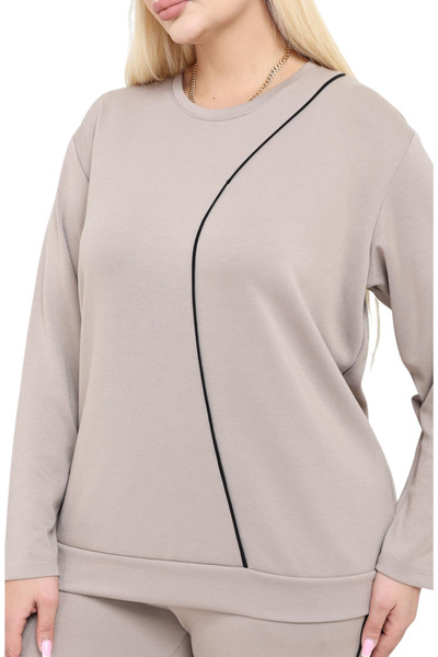 MELSAY Women's Plus Size Ecru Navy Blue Stripe Detailed Modal Tracksuit Set