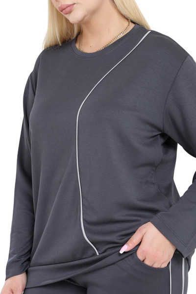 MELSAY Women's Plus Size Gray White Stripe Detailed Modal Tracksuit Set