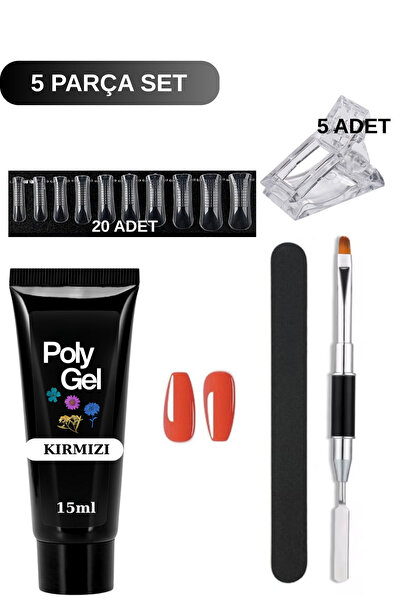 5 Parça Evde Tırnak Uzatma Poly Gel Seti Protez Tırnak Yapma Polijel Uygulama Seti Kırmızı