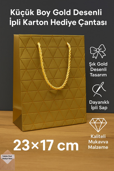 Tamsena Store Küçük Boy Gold Desenli İpli Karton Hediye Çantası 23×17 cm