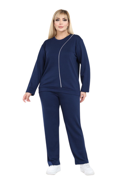 MELSAY Women's Plus Size Navy Blue White Stripe Detailed Modal Tracksuit Set