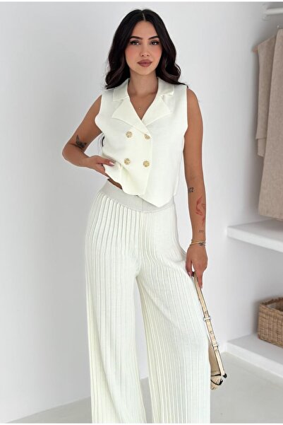 MAXXANA Rose Button Detail Vest and Pants Knitwear Set