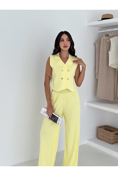 MAXXANA Rose Button Detail Vest and Pants Knitwear Set