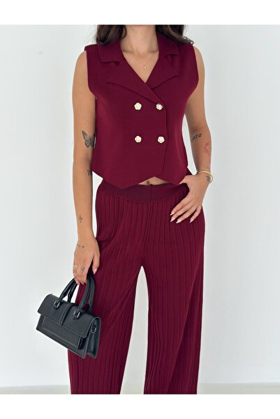 MAXXANA Rose Button Detail Vest and Pants Knitwear Set