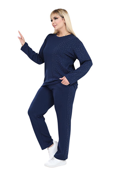MELSAY Women's Plus Size Navy Blue-Stone Half Garni Modal Tracksuit Set
