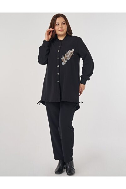 Kayra Stone Embroidered College Collar Tunic Black