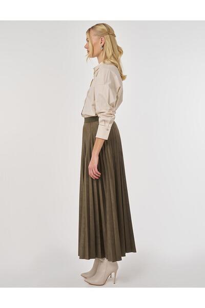 KYR Pleated Suede Skirt Khaki