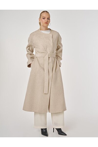 Kayra Applique Detailed Cashmere Coat Cream