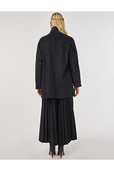 Kayra Mock Neck Short Cashmere Coat Black