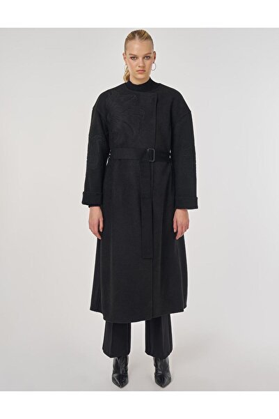 Kayra Applique Detailed Cashmere Coat Black