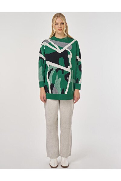 Kayra Abstract Pattern Viscose Knitwear Tunic Forest Green