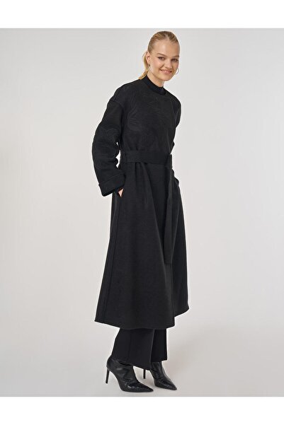 Kayra Applique Detailed Cashmere Coat Black