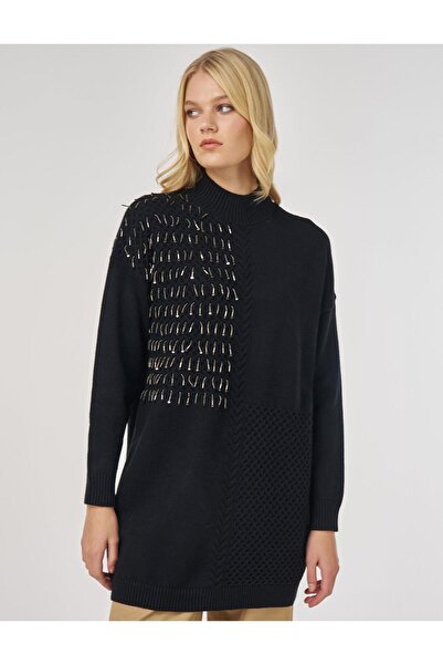 Kayra Knitted Detailed Viscose Knitwear Tunic Black