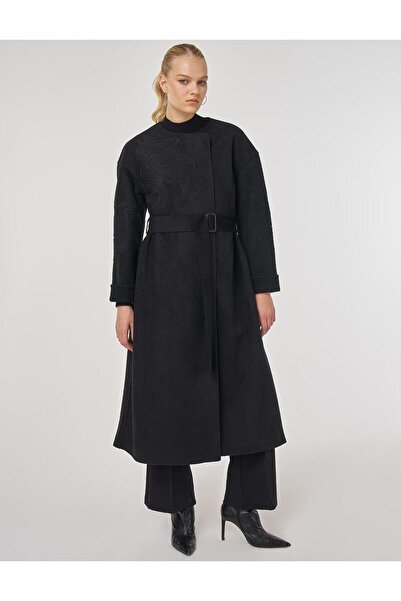 Kayra Applique Detailed Cashmere Coat Black