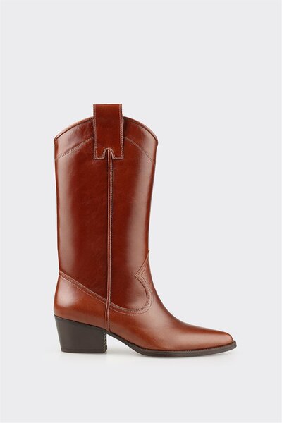 Elle Shoes Taba Deri Kadın Western Çizme