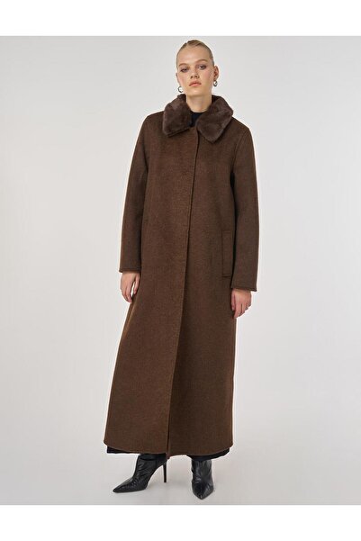 Kayra Fur Collar Cashmere Coat Dark Brown