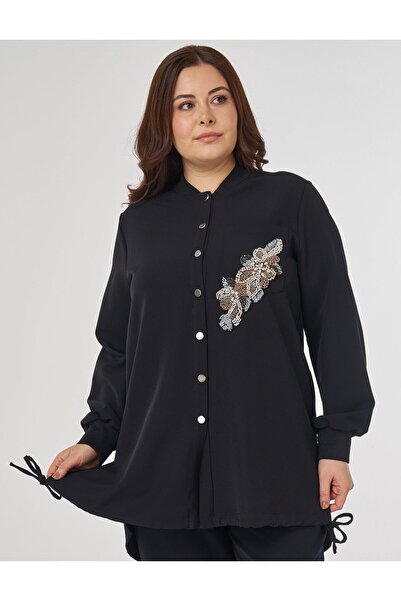Kayra Stone Embroidered College Collar Tunic Black