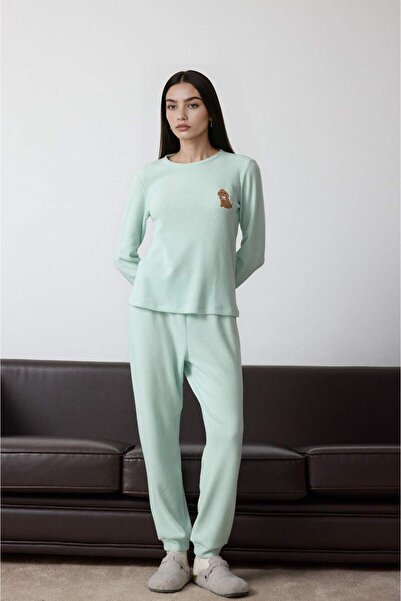 DeFacto Pajama Set Regular Fit Waffle Long Sleeve Top Long Bottom-Fall in Love G1354Ax25Au