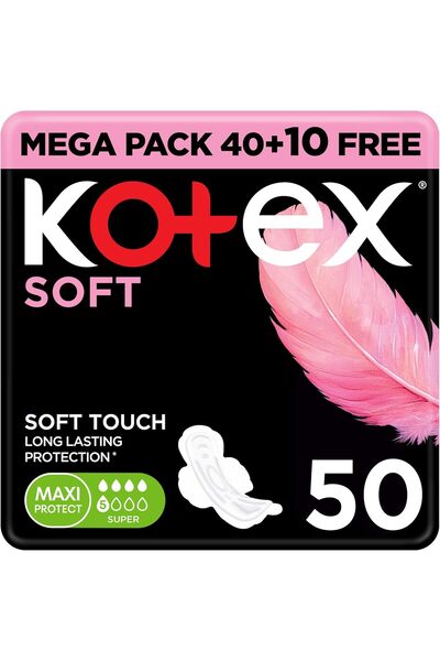 Kotex فوط صحية ناعمة الملمس، عبوة من 50 قطعة، امتصاص فائق، ماكسي بروتيكت ليلي